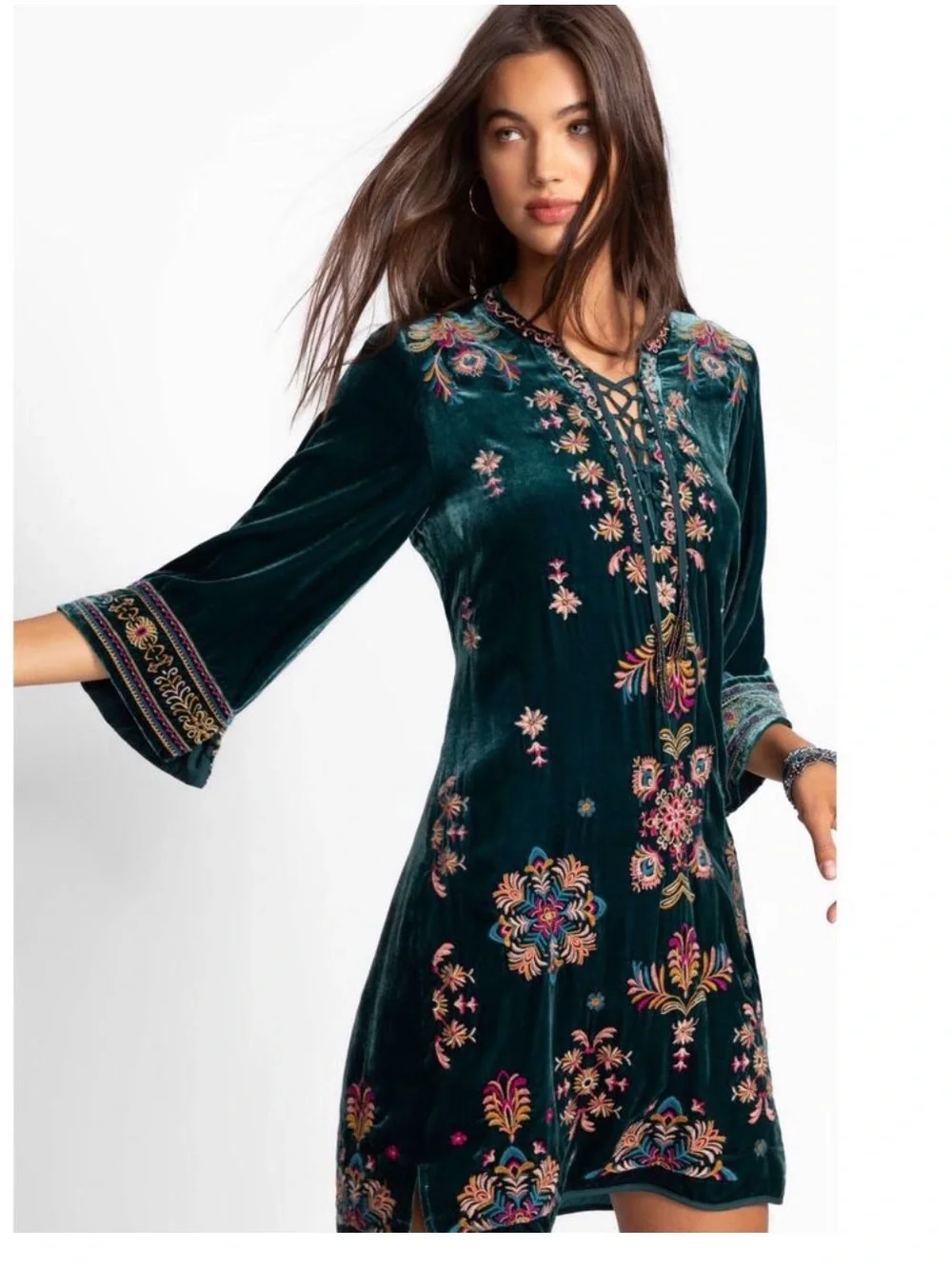 Johnny Was Teal Green Velvet Embroidered Lace-Up Dress - Picture 1 of 5